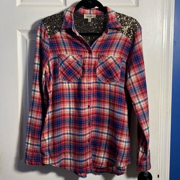 Express Tops - Express Flannel Shirt with Sequins Size Small